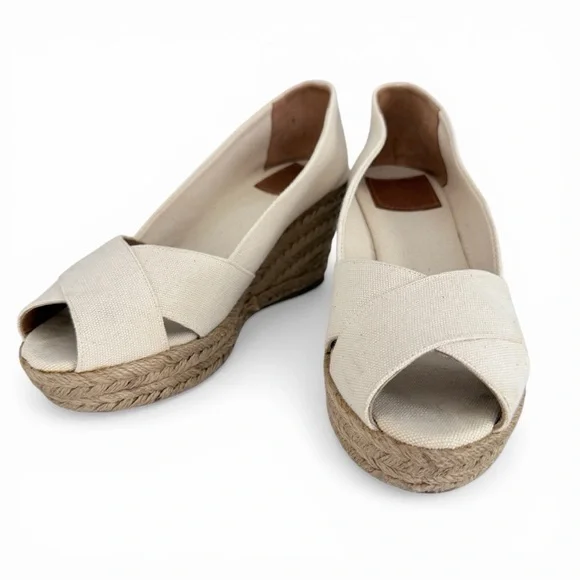 TORY BURCH Filipa Espadrille Wedges Cream Canvas Logo Summer Shoes size 7 - Picture 3 of 13